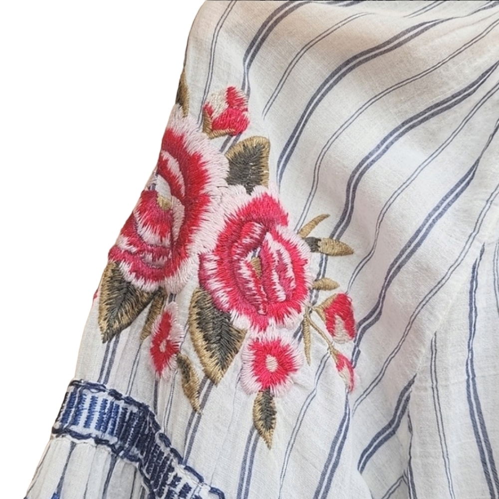 JOHNNY WAS Workshop Shea Peasant Blouse S Santori Stripe Embroidered Boho Anthro - Picture 10 of 16